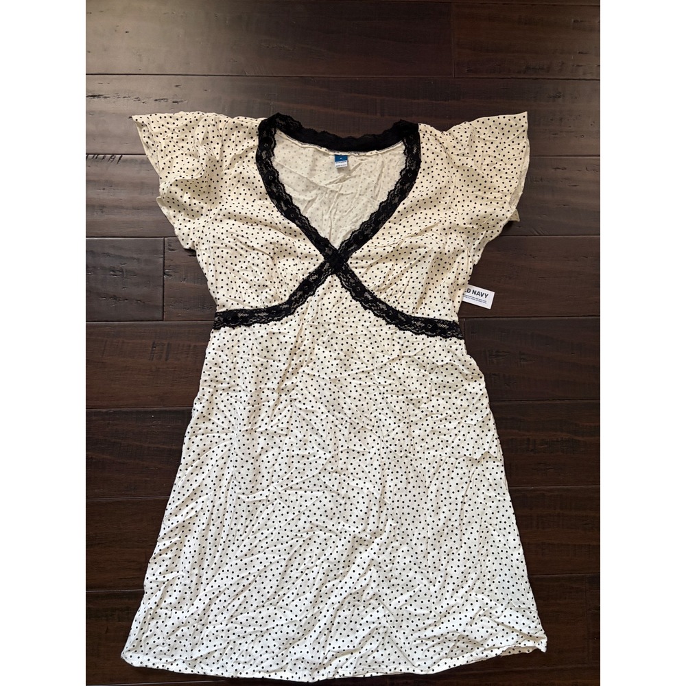 Old Navy Polka Dot Lace Trim Empire Waist mini dress Cream Black Medium NWT